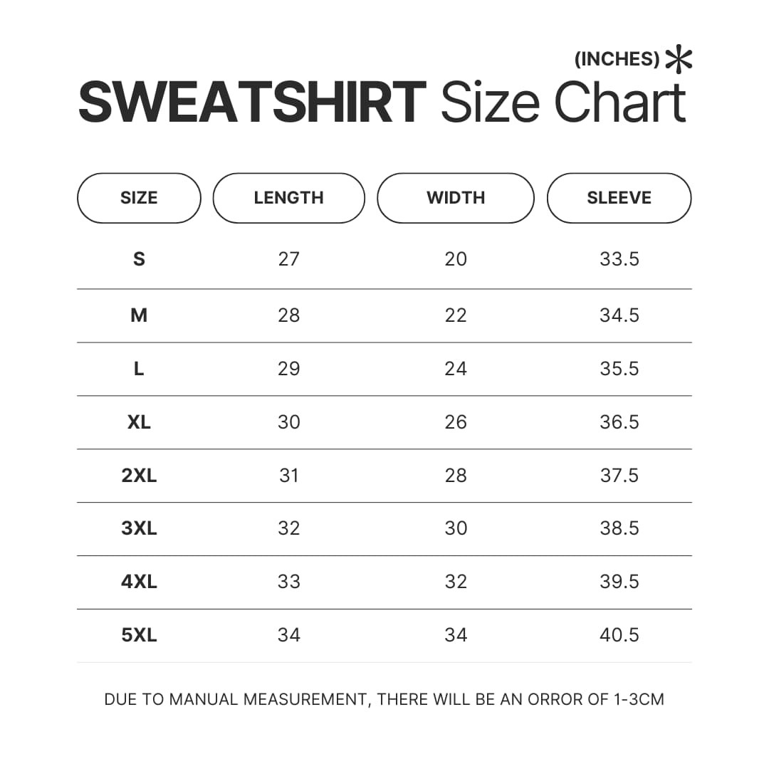 Sweatshirt Size Chart - Bleach Merch