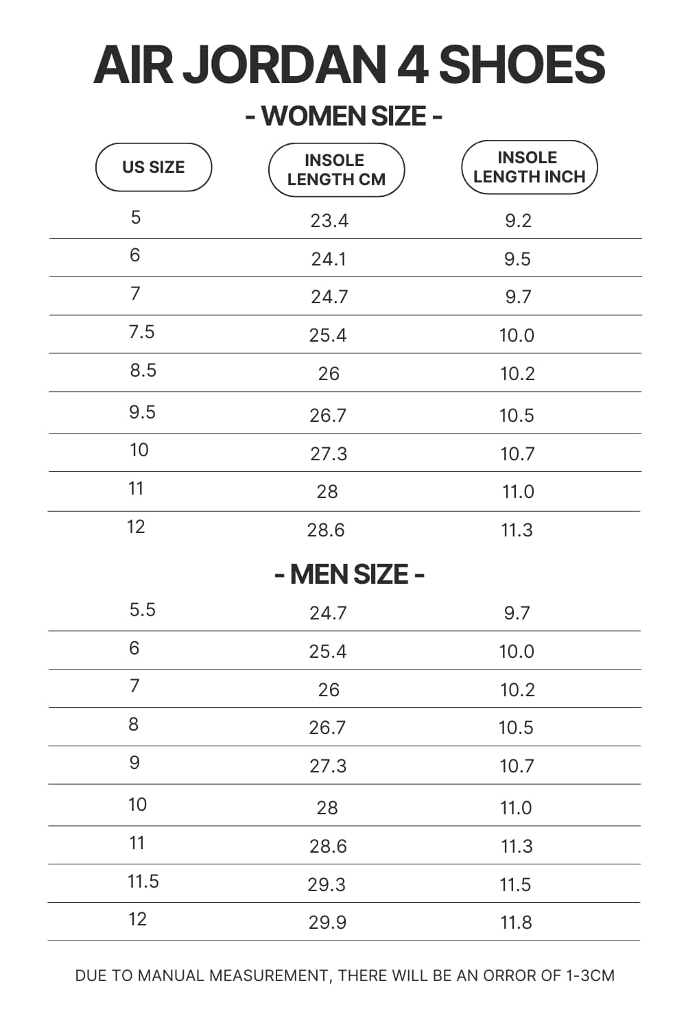 Air Jordan 4 Shoes Size Chart - Bleach Merch