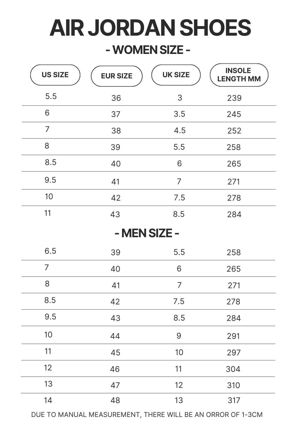 Air Jordan Shoes Size Chart - Bleach Merch