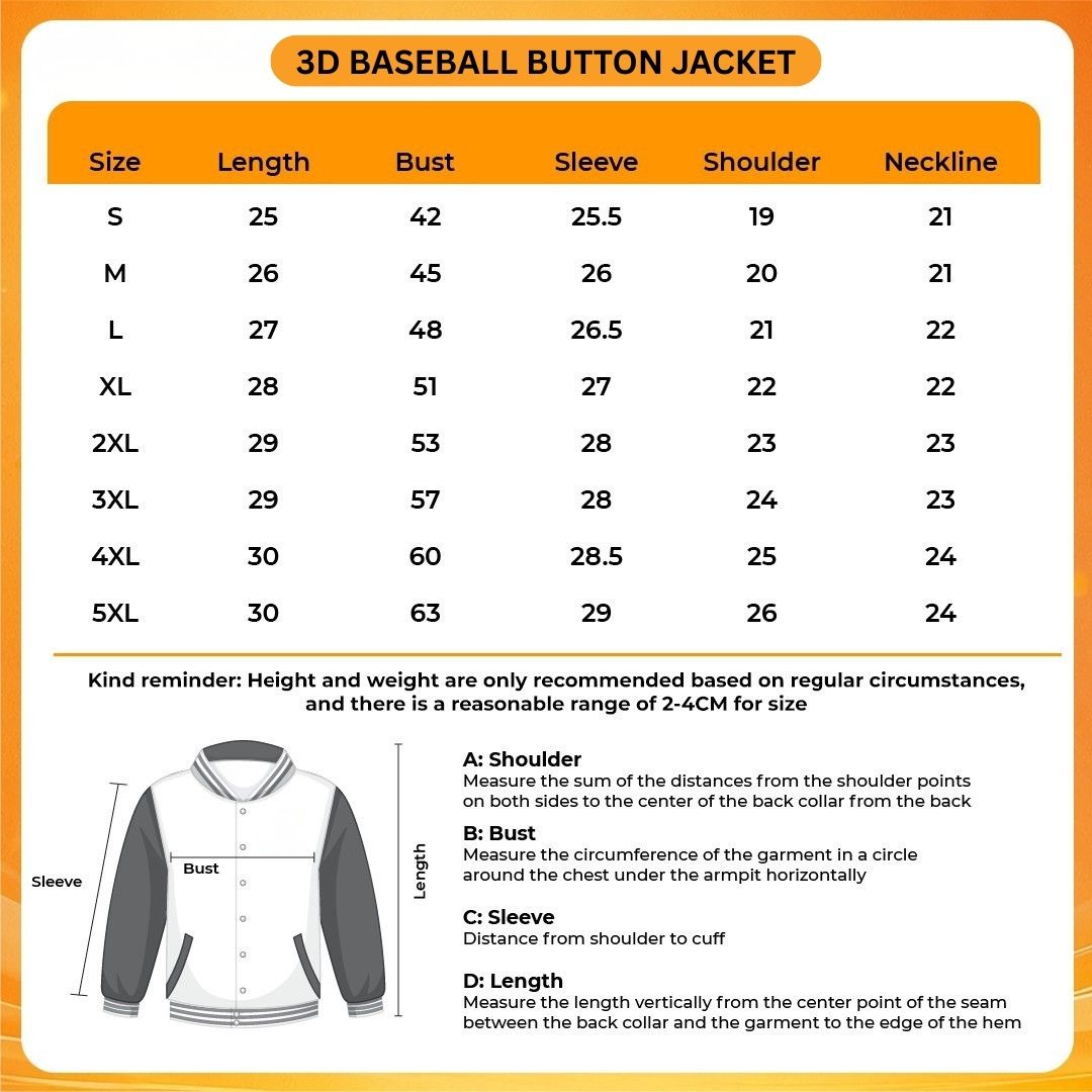 3D Baseball Button Jacket Size Chart 1 - Bleach Merch