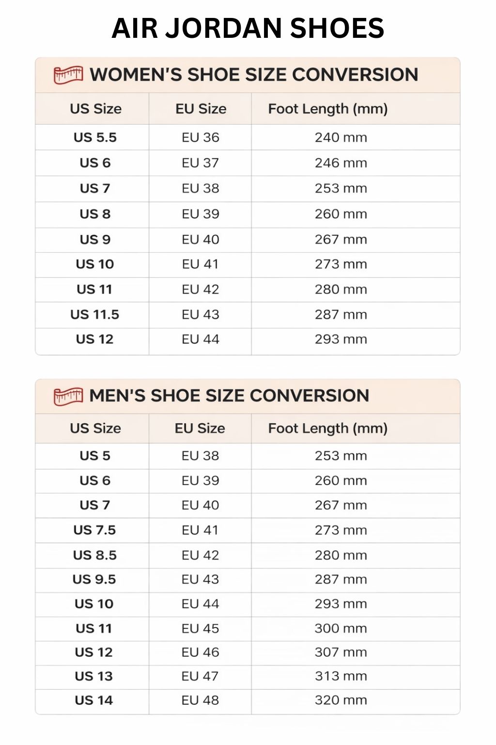 Air Jordan High Low Top Shoes Size Chart - Bleach Merch